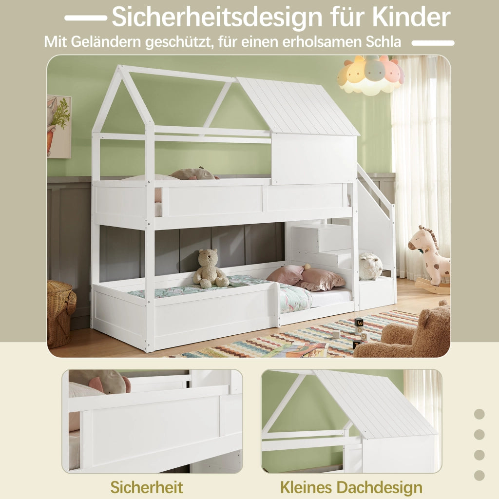 Letto a castello per bambini 80 × 200 cm con tetto, scala laterale et barriere di sicurezza, senza materasso, bianco