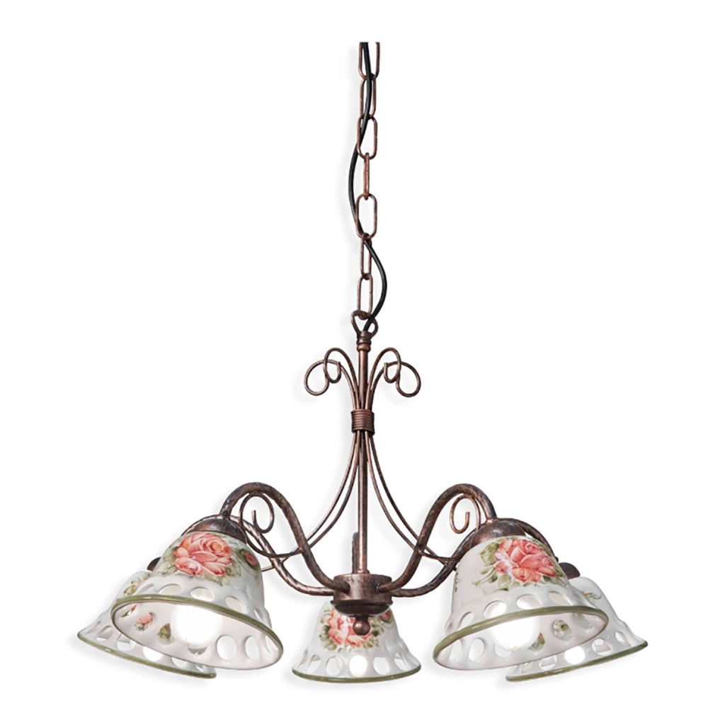 Lampadario Classico Napoli Metallo E Ceramica Nero Sfumato Rame 5 Luci E14
