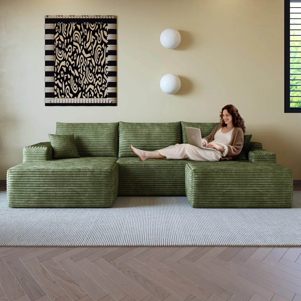 Divano angolare modulare con chaise longue a L in tessuto a coste, schiuma ad alta elasticità, verde per soggiorno