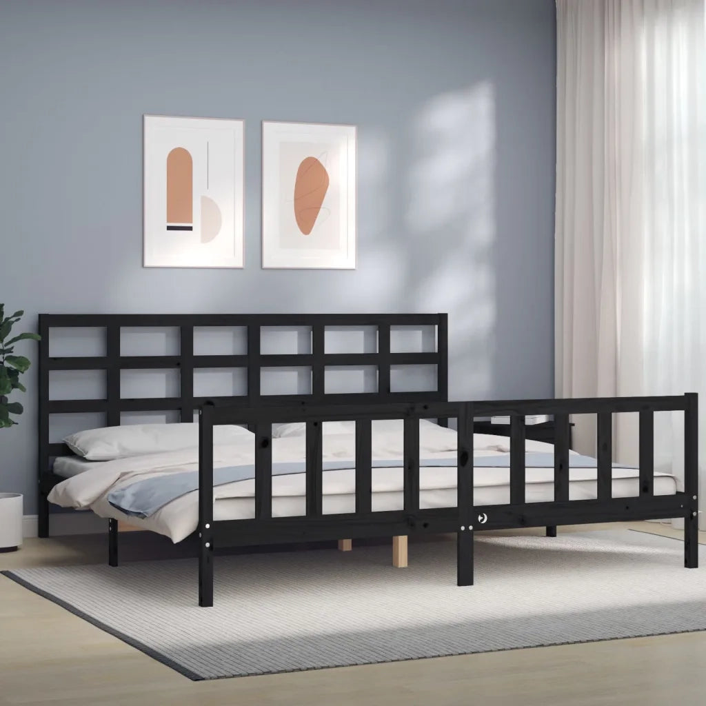 Giroletto con Testiera-Struttura Letto con testiera Nero 200x200 cm in Legno Massello 555993