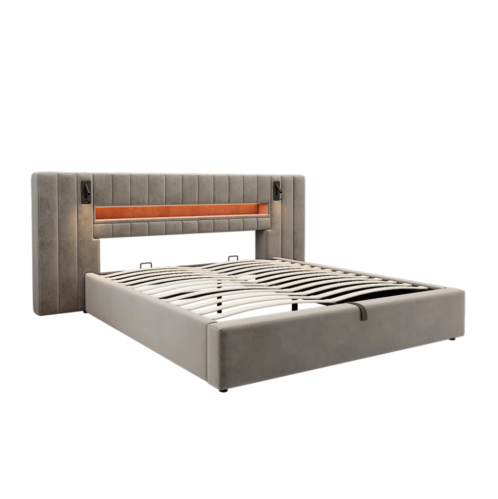 Letto matrimoniale contenitore 180x200 cm con USB; LED e lampada; velluto grigio (Senza materasso)