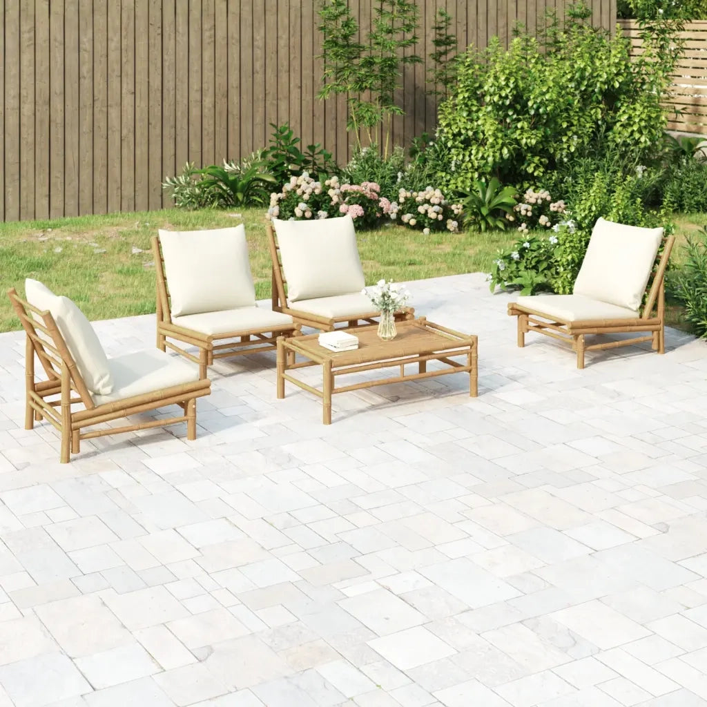 Set Salotto da Giardino 5pz con Cuscini Bianco Crema in Bambù 3156487