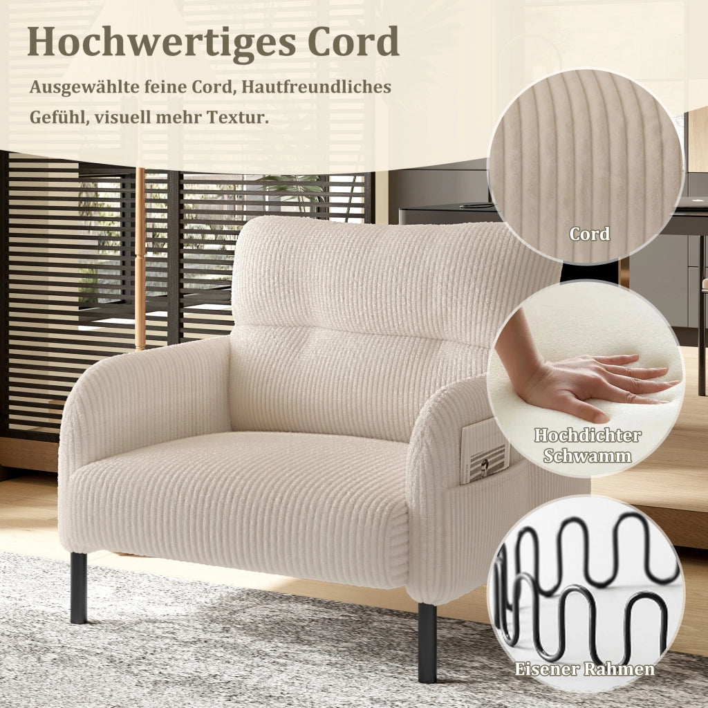 POLTRONA con tasca laterale 67 x 75 x 79 cm in velluto a coste beige