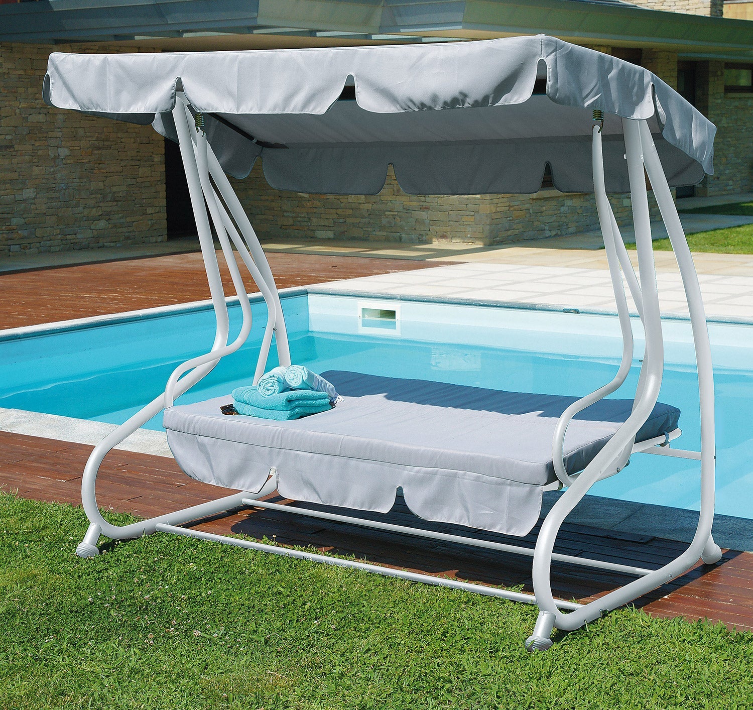 Dondolo 3 Posti da Giardino 200x125x166 cm in Ferro e Poliestere Grigio Chiaro