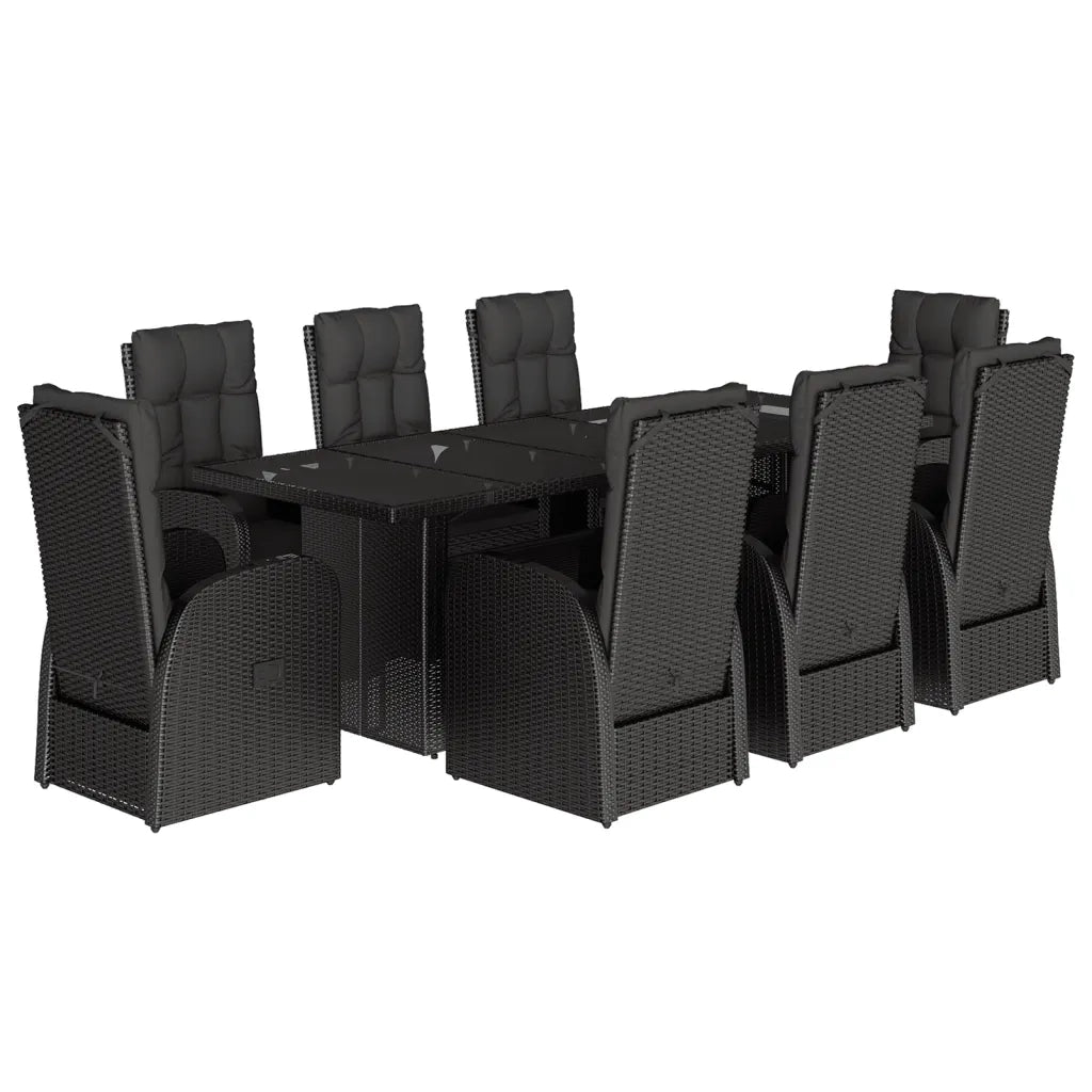 Set da Pranzo da Giardino 9 pz con Cuscini Nero in Polyrattan
