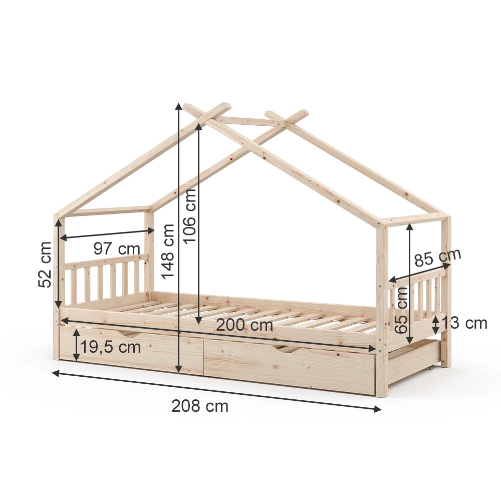 Vitalispa Letto montessori bambini Legno naturale 90x200 cm con letto per ospiti e 2 materassi