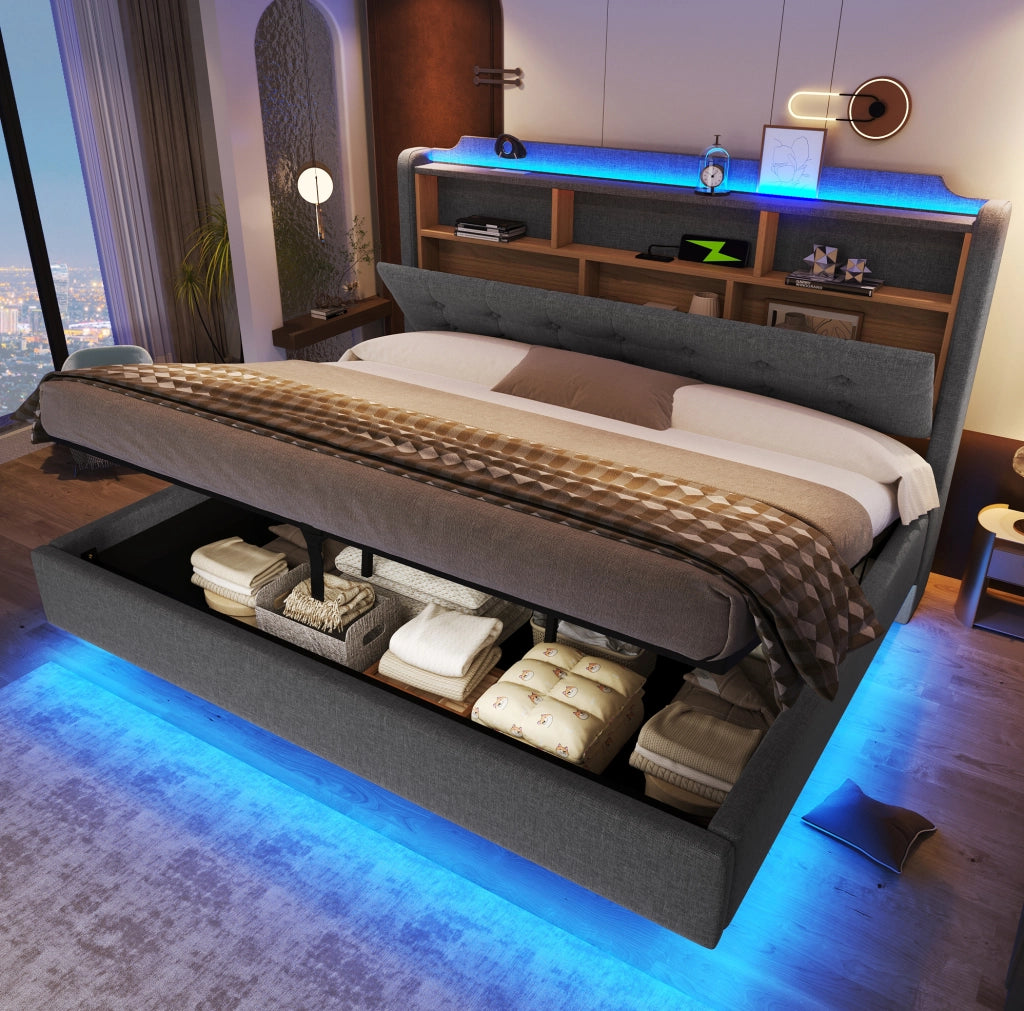 Letto imbottito 180x200 cm con illuminazione LED; contenitore idraulico; in lino e MDF; grigio