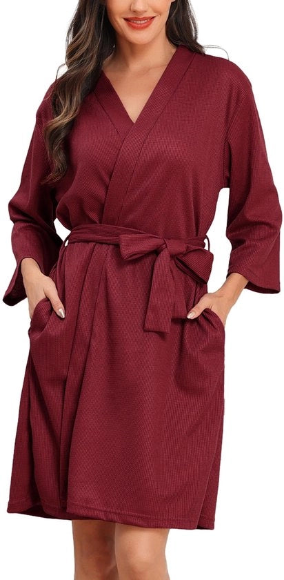 Badjas da donna con manica 3/4, camicia da sauna con tasche, colore vino, L