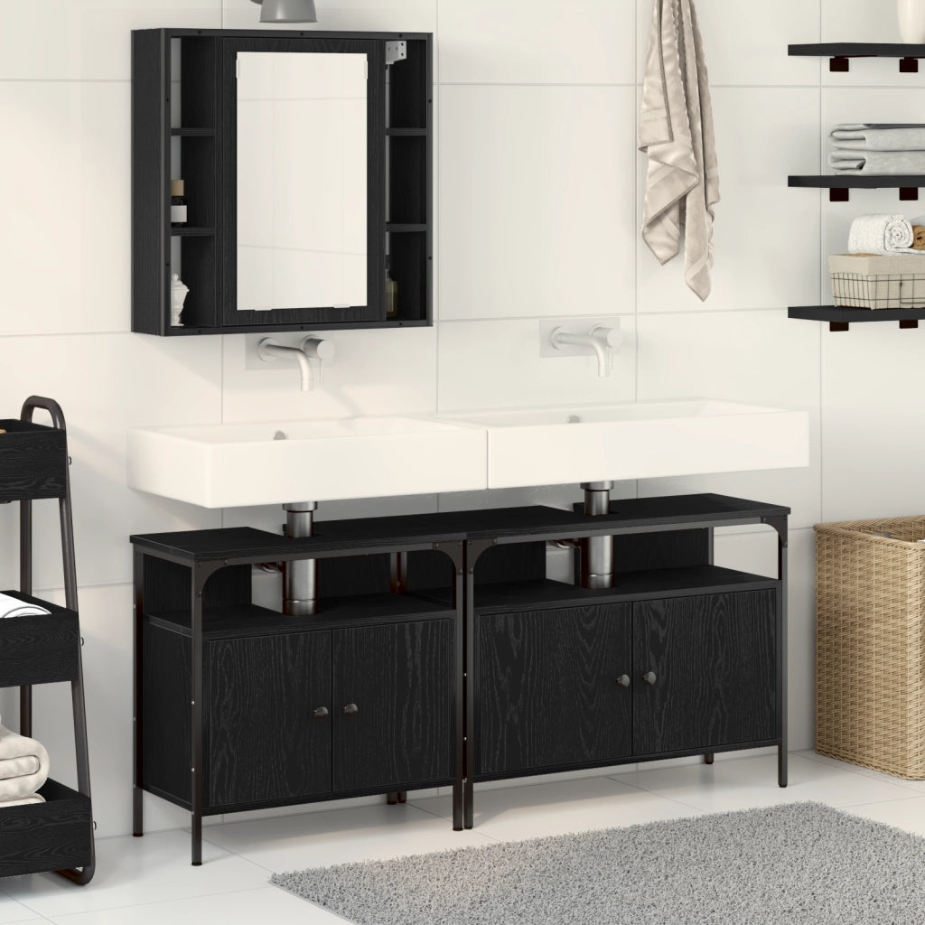 Set di mobili per bagno a 3 pezzi in legno ingegnerizzato nero e quercia