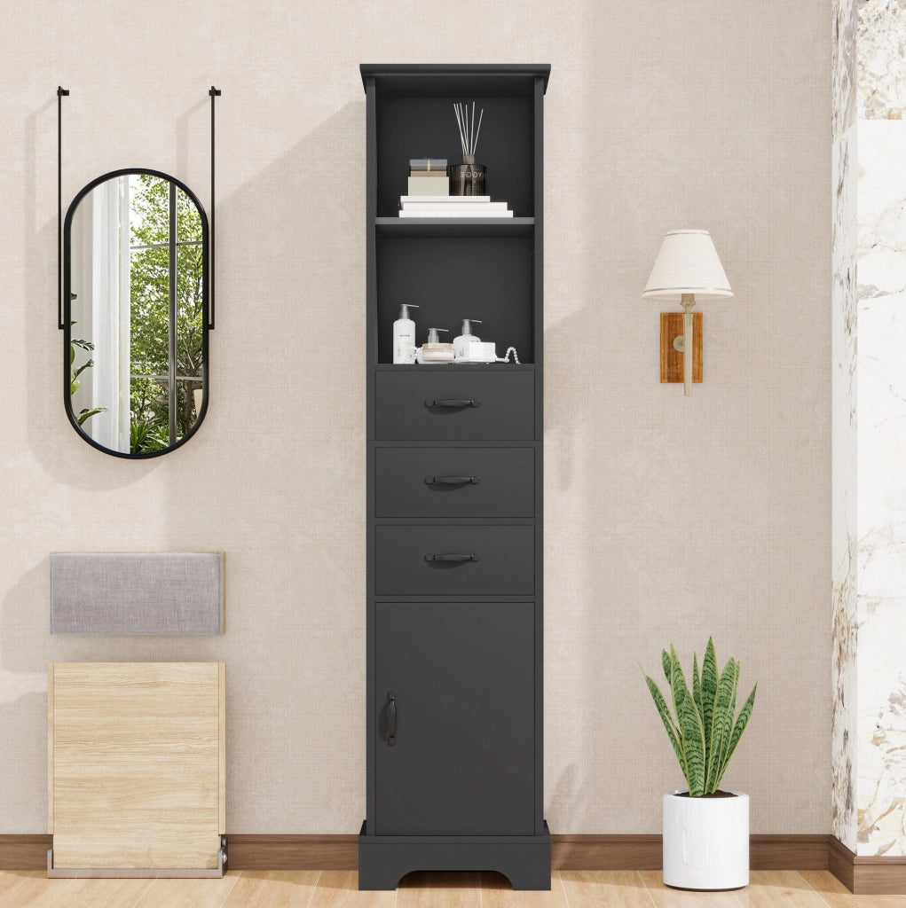Colonna bagno 38x26x172;5 cm in MDF nero con 3 cassetti; vano chiuso e ripiani regolabili