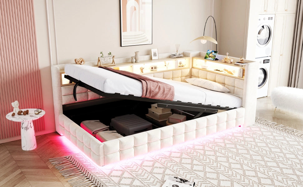 Letto divano 90 × 200 cm con contenitore idraulico, ripiani in legno, LED, USB e Type-C, senza materasso, beige