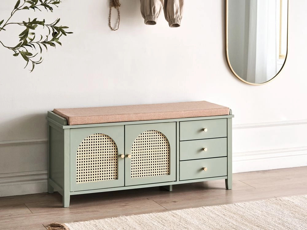 Panca porta scarpe con 3 cassetti e 2 ripiani seduta imbottita legno MDF rattan PE verniciata stile boho verde menta