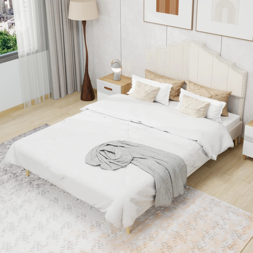Letto 160x200 cm con Testiera Geometrica; in Tessuto e Metallo; Beige