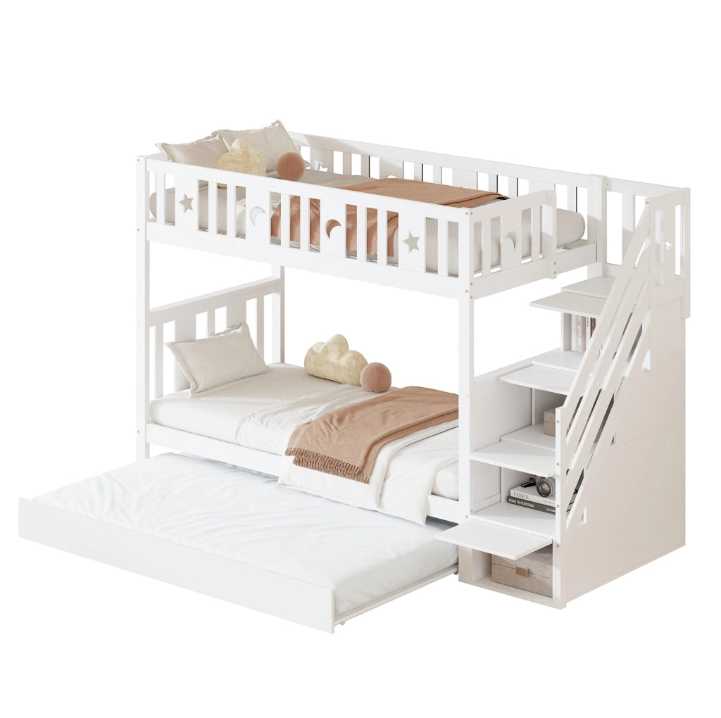 Letto a castello per bambini con letto estraibile e scala contenitore; 90x200 cm; bianco