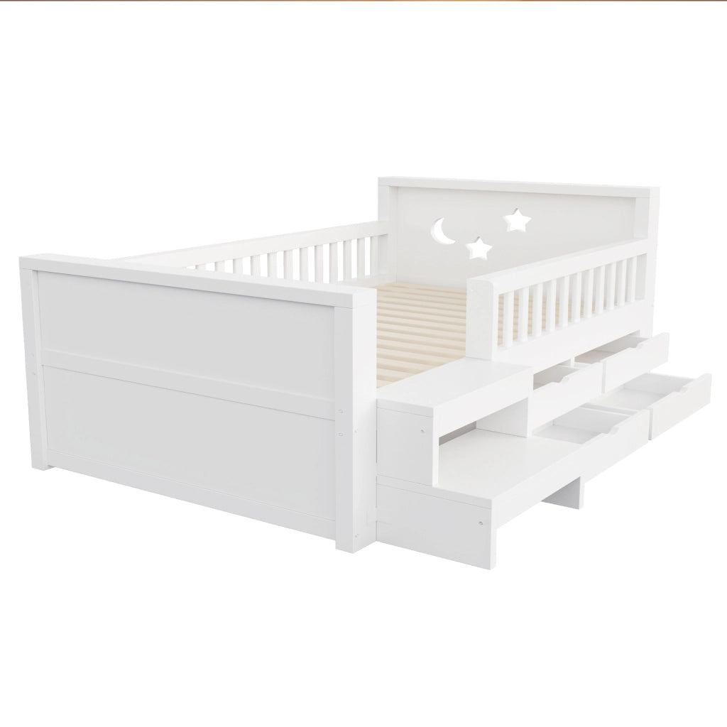 Letto singolo per bambini 90x200 cm con 4 cassetti; testiera stelle e luna; gradino; sponda e LED; legno bianco