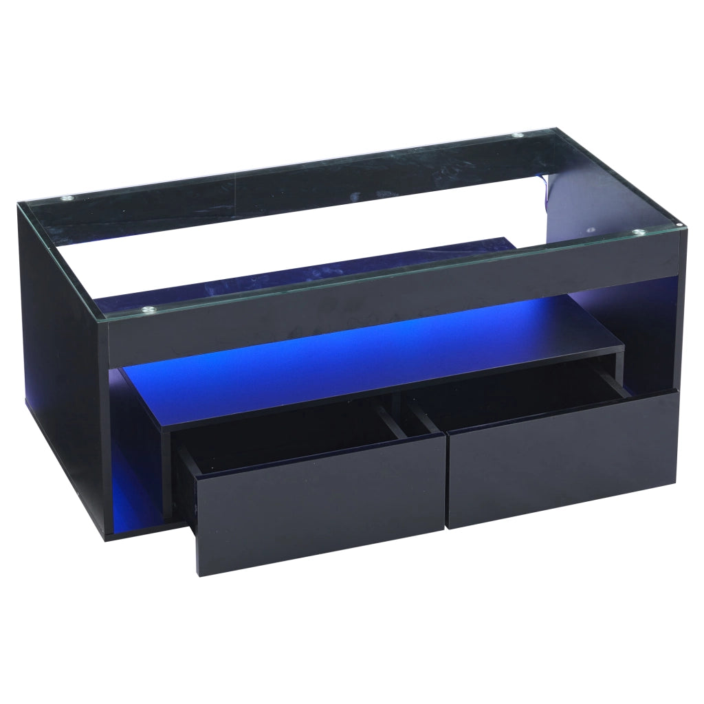 Tavolino basso con LED, 2 cassetti e vani aperti, piano in vetro temperato, in truciolare, nero, 100 × 50 × 40 cm
