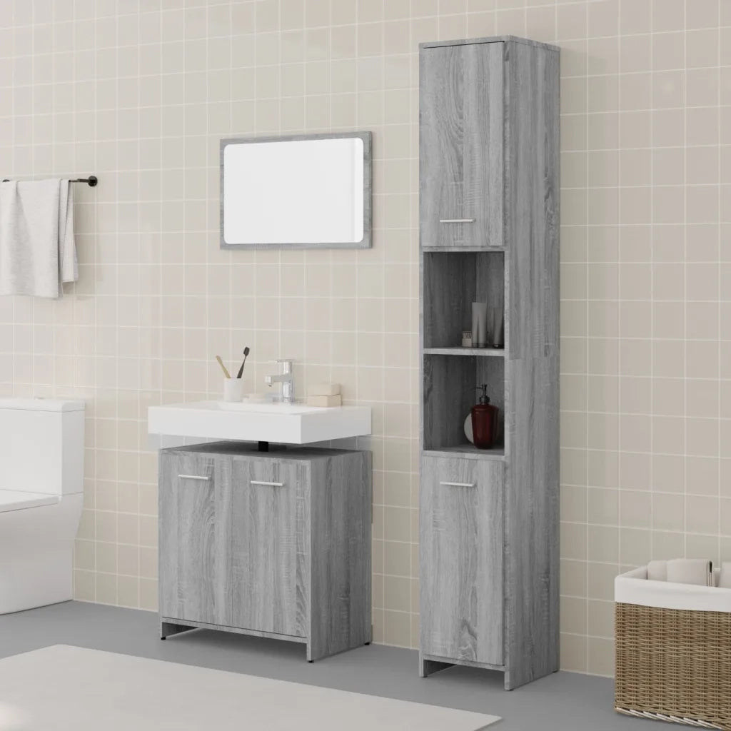 Set Mobili da Bagno | Armadio da bagno 3 pz Grigio Sonoma in Legno Multistrato