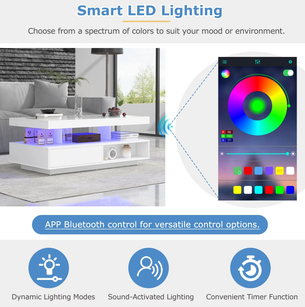 Tavolino da caffè bianco lucido con LED, vetro e cassetti