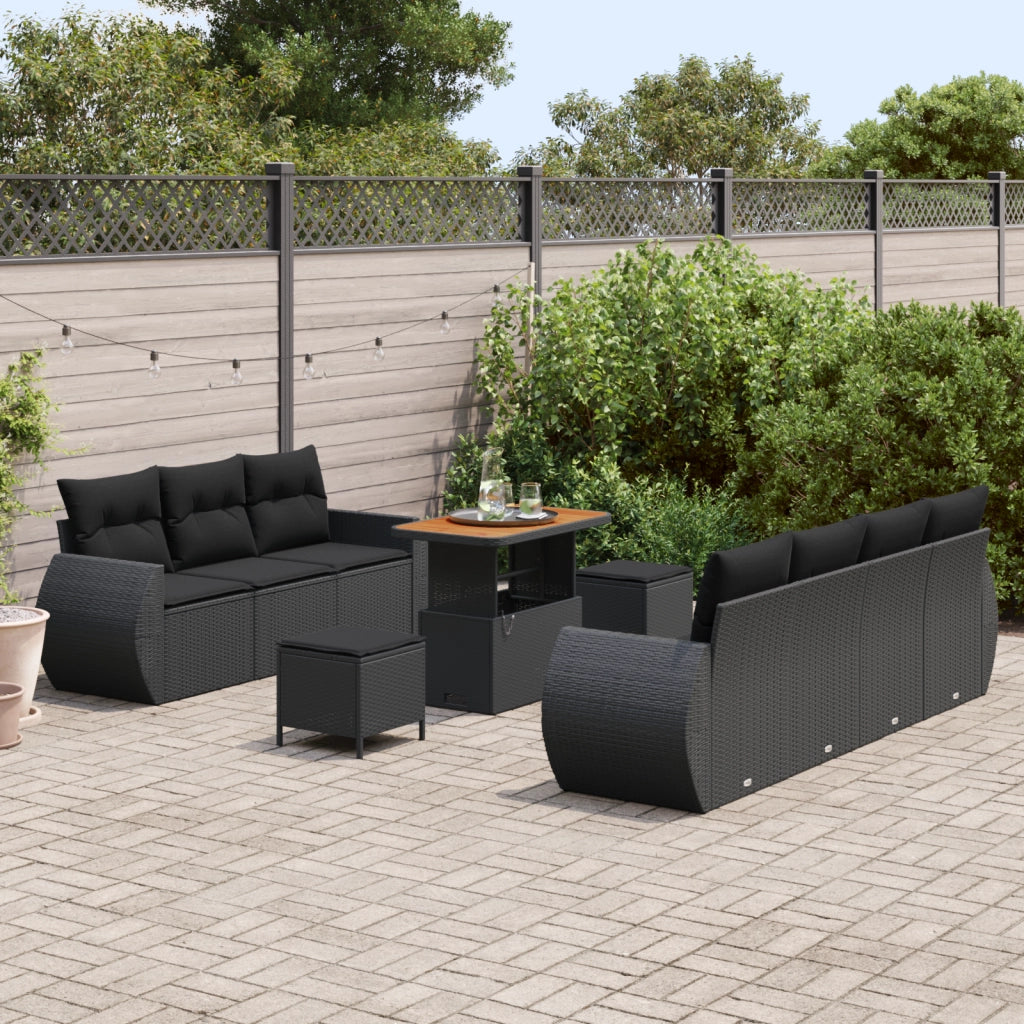 Set di Divani da Giardino a 10 Pezzi con Cuscini Nero in Polyrattan e Legno di Acacia