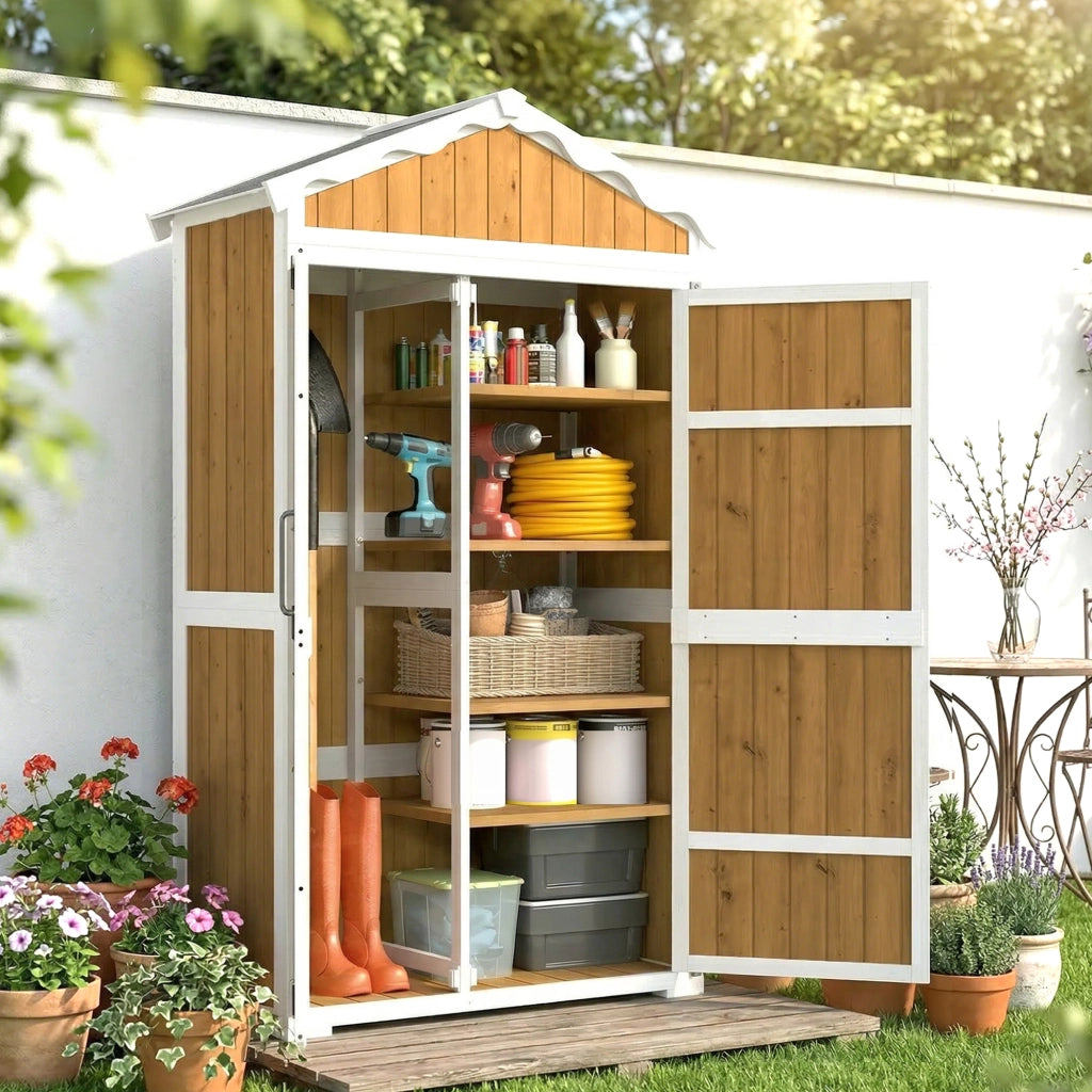 Armadio da Giardino in Legno ¨C zephmum ¨C 105x55x179 cm con 4 Ripiani e Tetto in Metallo Galvanizzato