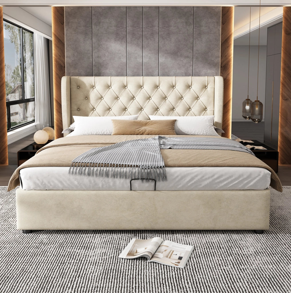 Letto contenitore imbottito Chesterfield 160x200 in velluto beige con rete a doghe