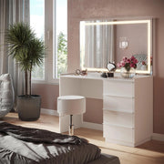 Tavolo da toeletta Viktoria, Bianco, 110 cm con specchio LED e sgabello, porta un tocco moderno all’ambiente