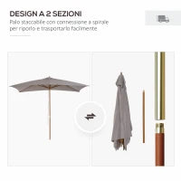 Ombrellone da Giardino 2x3 m Impermeabile, in Legno con Copertura Rimovibile in Poliestere, Grigio