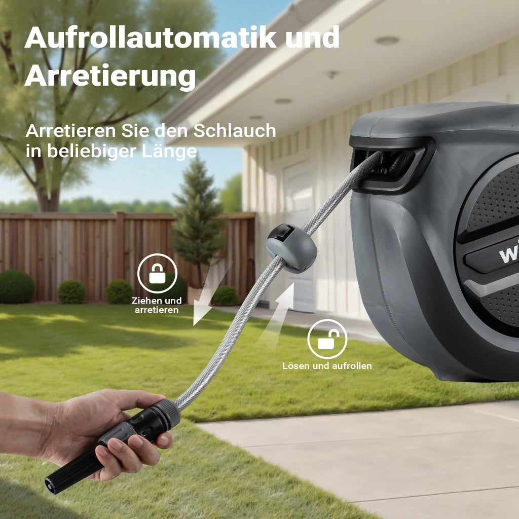 Portatubo da giardino con avvolgitore automatico, avvolgitubo da parete con tubo da 30m, avvolgitore per tubo acqua