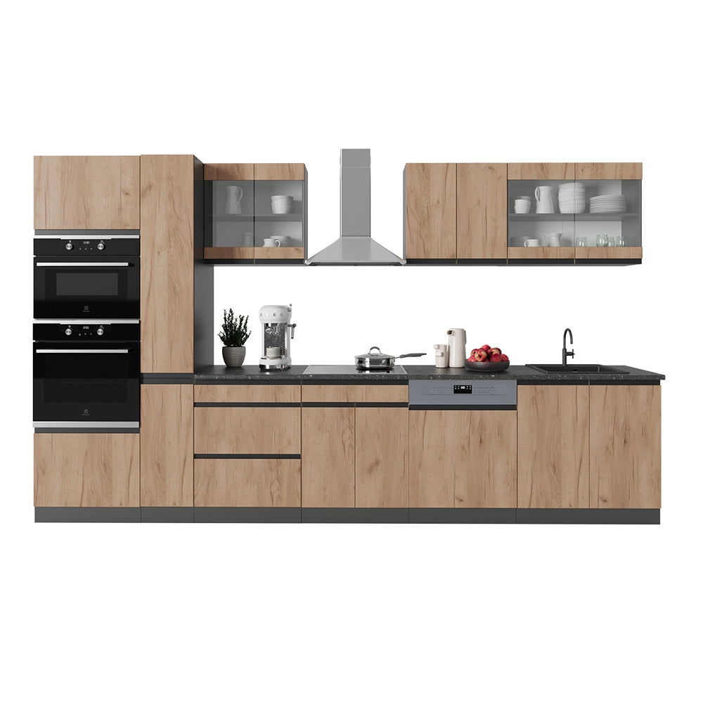 Vicco Cucina componibile Quercia dorata/antracite 350 cm Forma a J, con mobile alto, senza piano di lavoro