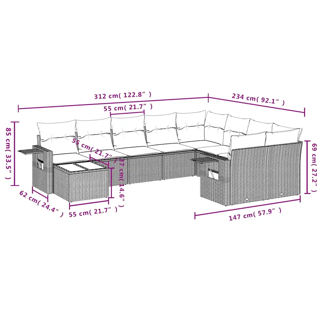 Set Divano da Giardino 10 pz con Cuscini Beige in Polyrattan 3252995