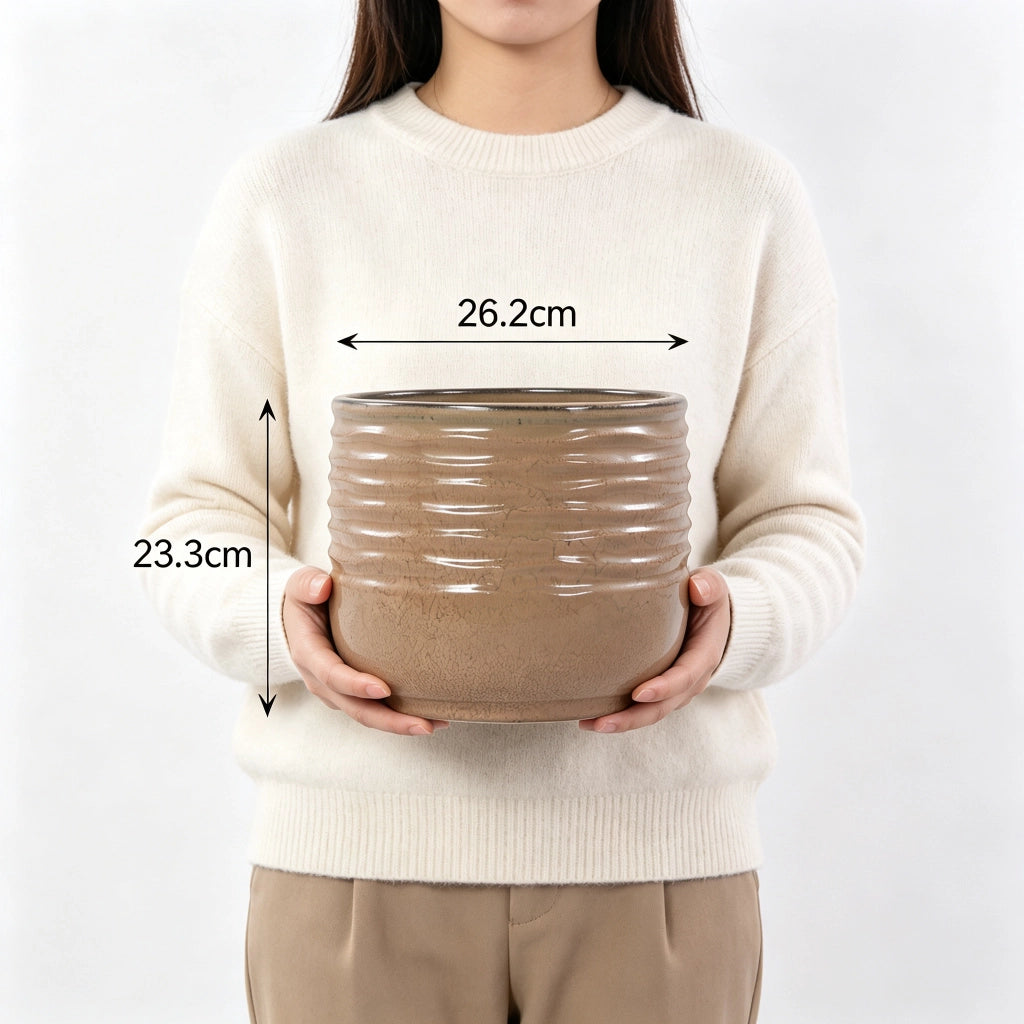 Vaso in ceramica artigianale Ø 26 cm, marrone chiaro lucido, resistente al gelo, per interni ed esterni