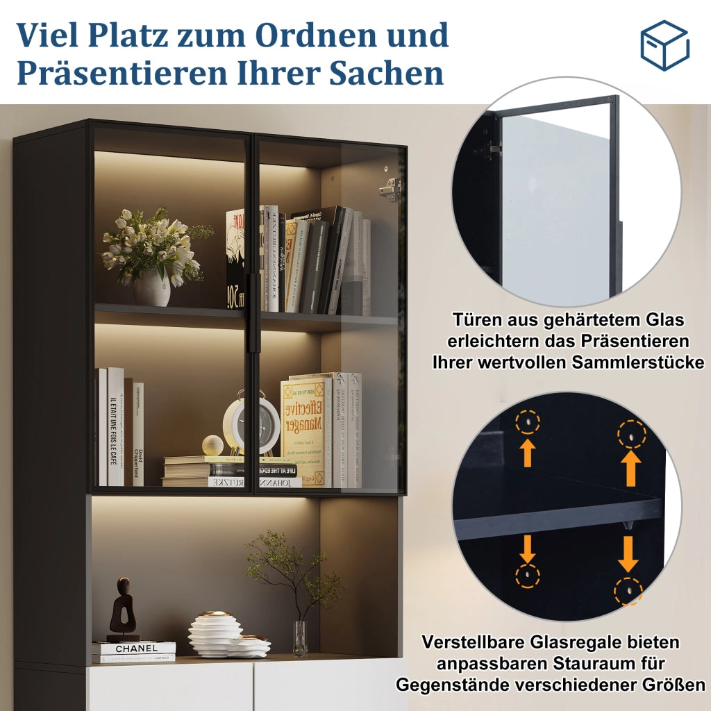 Vetrina con led e ante in vetro, vano aperto e ripiano regolabile, per soggiorno, 160 × 30 × 200 cm