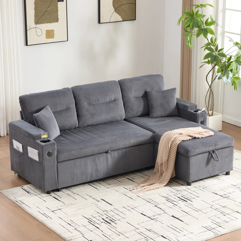 Divano letto con chaise longue contenitore USB C e portabicchiere in velluto a coste grigio carbone 212,5 × 136 × 86 cm