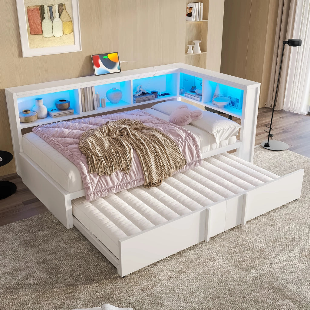 Divano letto in metallo e MDF 90x200 cm con letto estraibile, LED, USB e vani contenitore, bianco