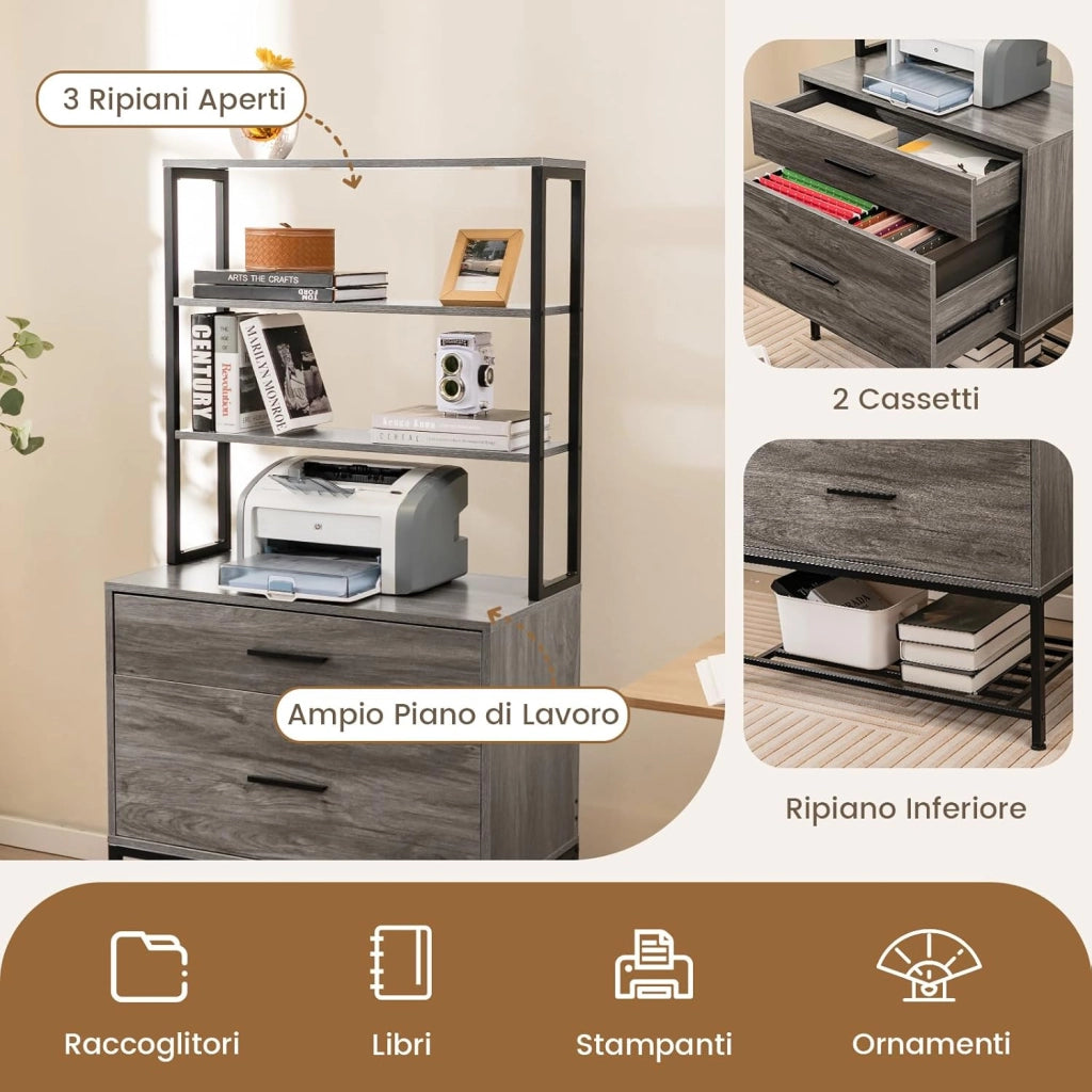 Scaffale Porta Stampante, Suppoto per Stampante in Legno con 4 Ripiani e 2 Cassetti, per Soggiorno, Ufficio e Studio, 75 x 40 x 156 cm (Grigio)