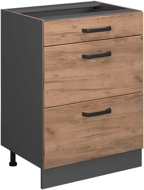 Mobiletto base per cucina R-Line, Quercia dorata, 60 cm con cassetti, senza piano di lavoro, per la libera combinazione all'interno di sistemi cucina modulari