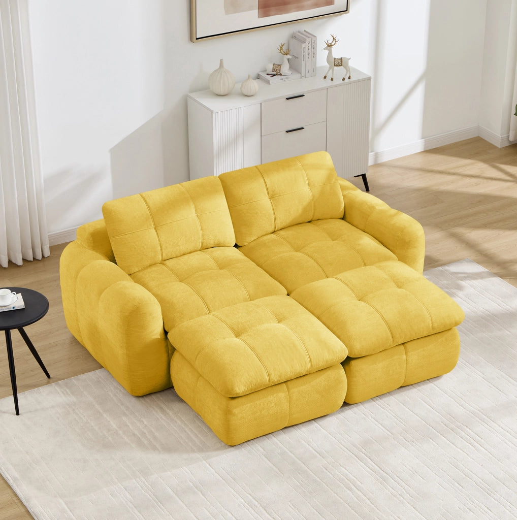 Divano modulare 2 posti in chenille giallo; seduta ampia e profonda; 194x160x68 cm