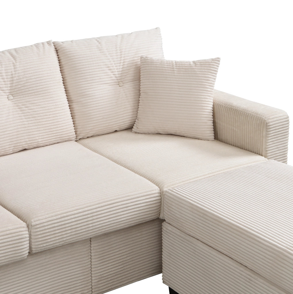 Divano angolare L-form con LED, pouf multifunzione, tessuto a coste beige