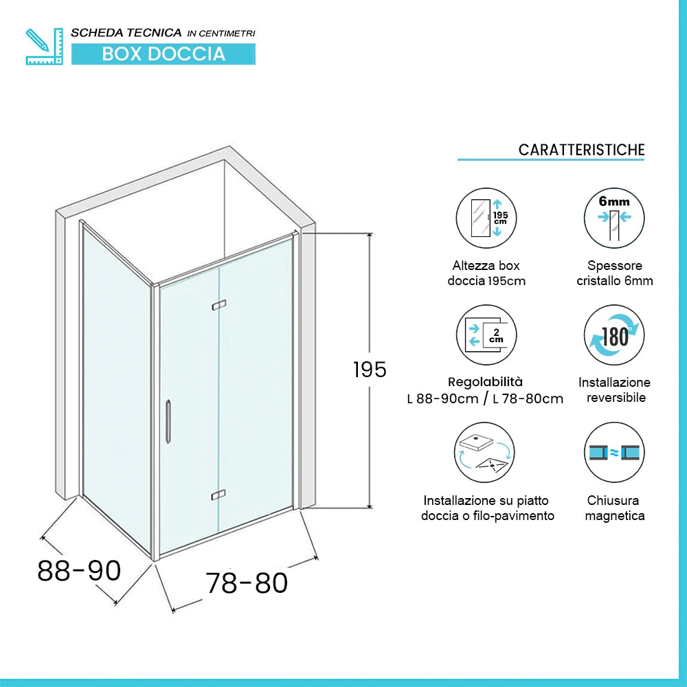 Box doccia angolare a soffietto 90x80 in vetro temperato trasparente con profili nero opaco Neos