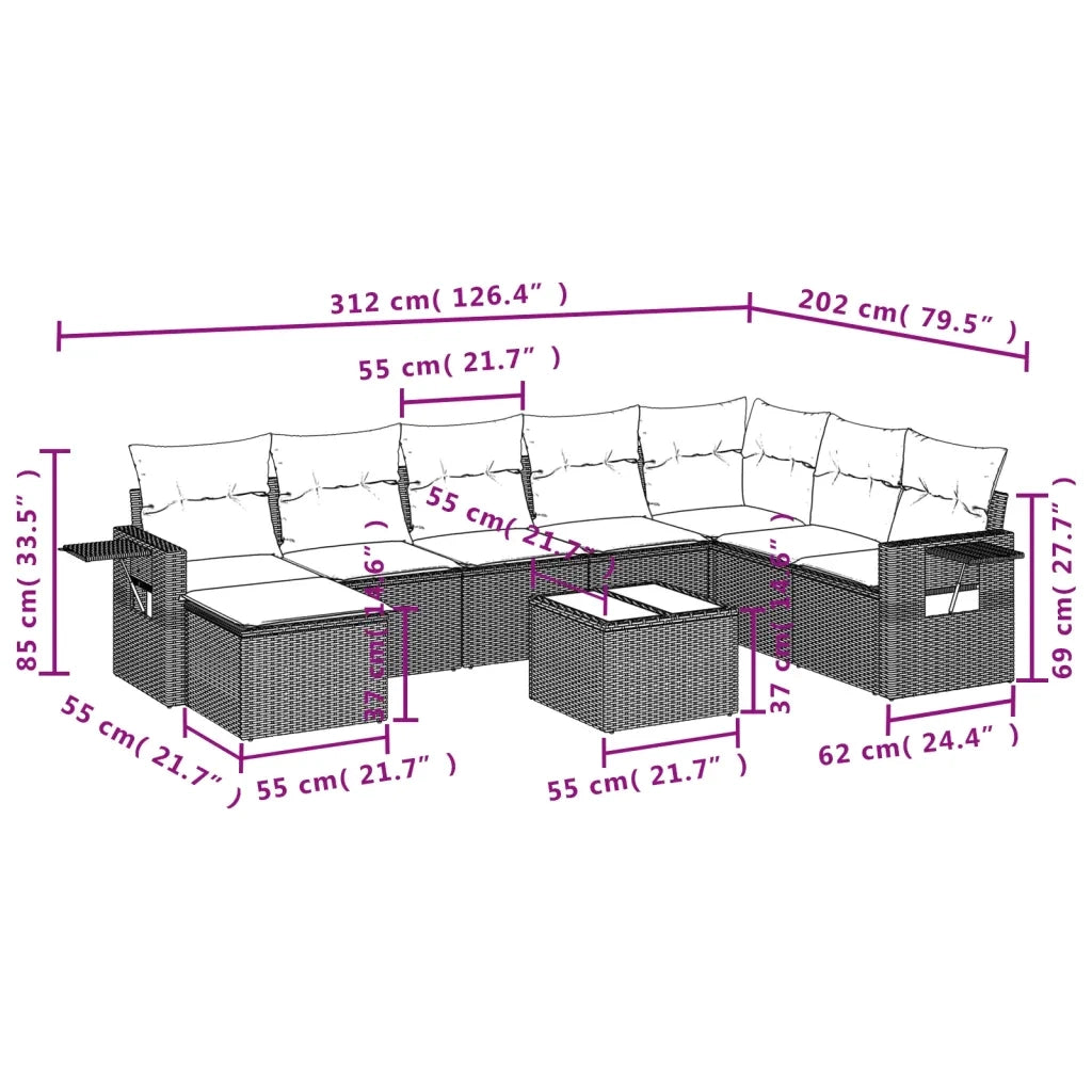 Set Divano da Giardino 9 pz con Cuscini Beige in Polyrattan 3220567
