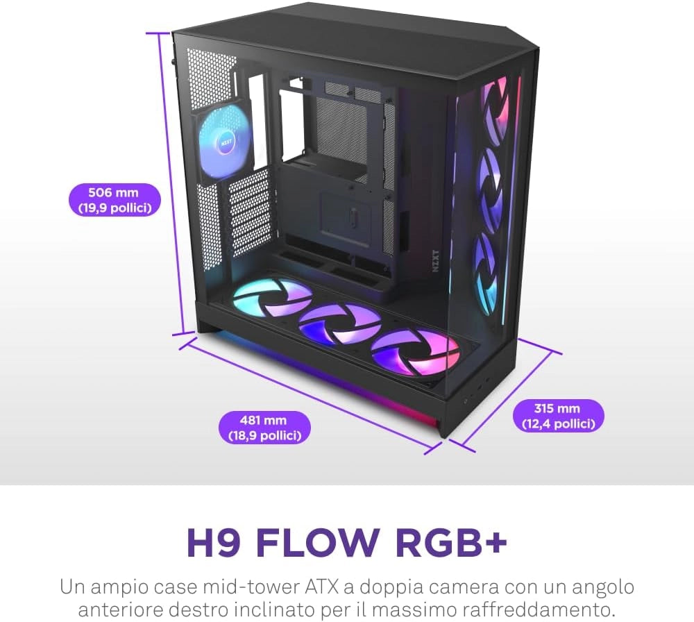 H9 Flow RGB+ (2025) – Grande Case PC ATX Mid-Tower a Doppia Camera per Flusso d'Aria – Include 7 ventole RGB (6 x 140mm, 1 x 120mm) e hub di controllo – Nero