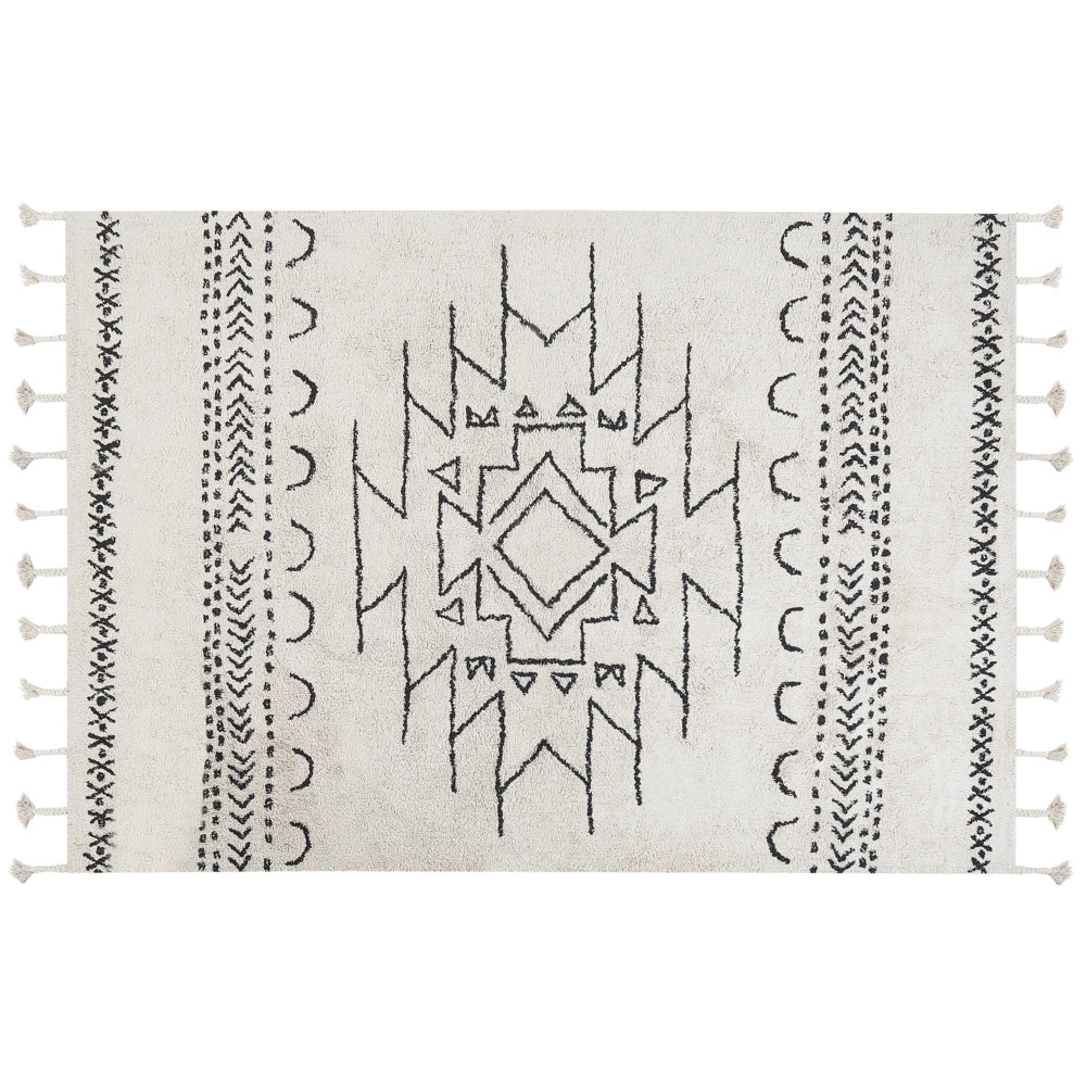 Tappeto nero e bianco sporco cotone 140 x 200 cm motivo geometrico nappe moderno orientale