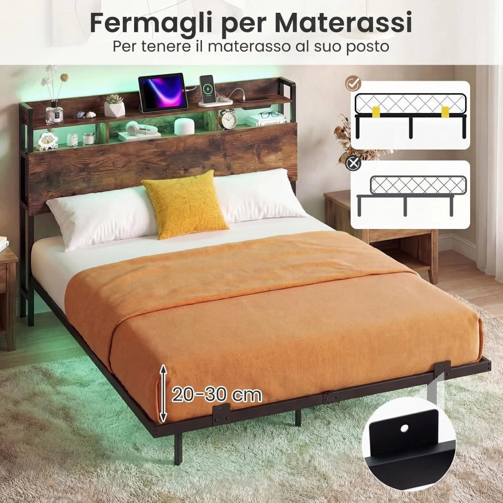 Letto Matrimoniale 140 x 200 cm, Struttura Letto Fluttuante con Luci LED e Stazione di Ricarica, Telaio Industriale in Metallo con Testiera Contenitore, Silenzioso