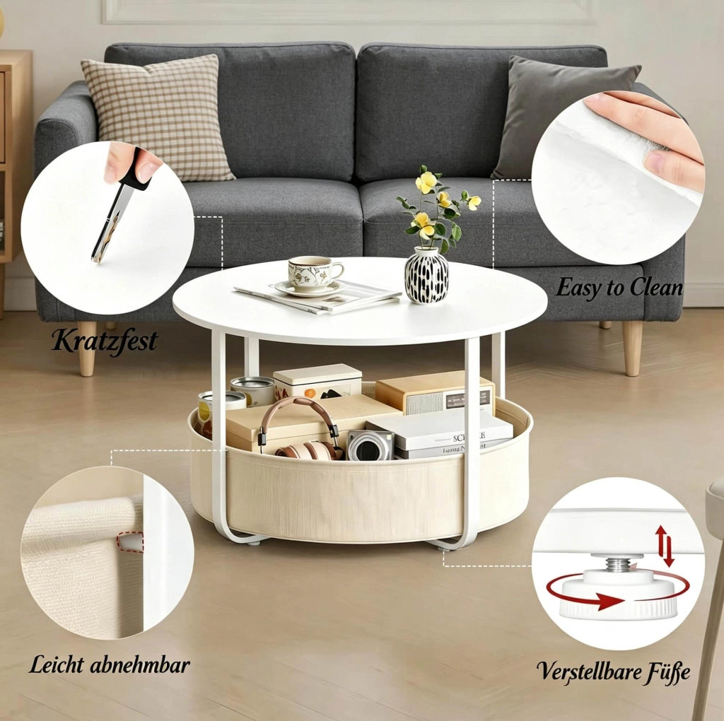 Tavolino rotondo con cestino in canvas Ø 80 cm beige e bianco