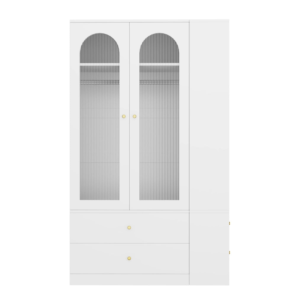 Armadio 120x50x200 cm con 4 cassetti e 2 ante in vetro MDF bianco