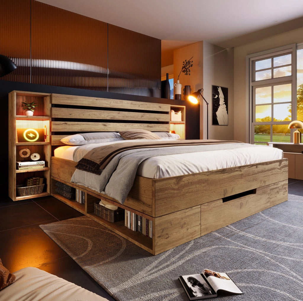 Letto matrimoniale 160x200 cm rovere con LED, USB-C e cassetti