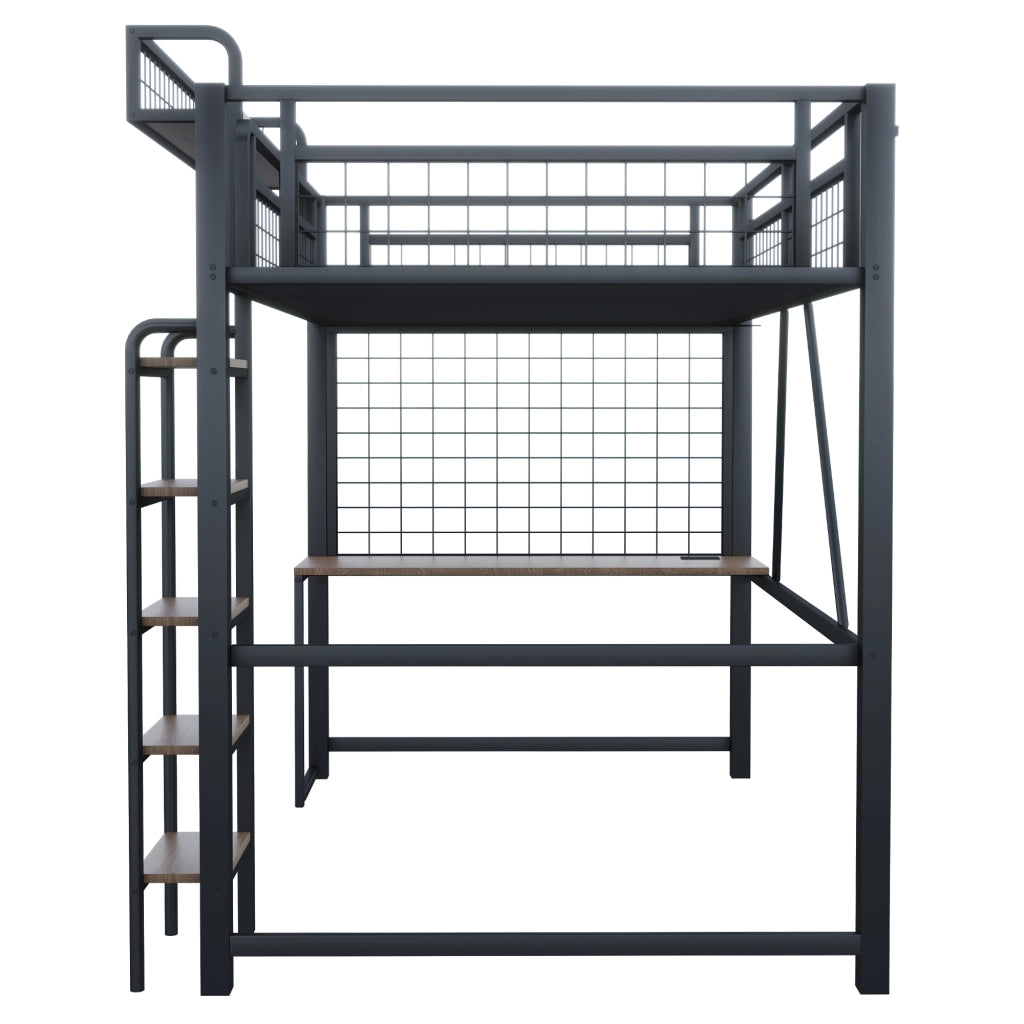 Letto a soppalco 90 × 200 cm con scrivania, rete portaoggetti, LED e presa, senza materasso, in metallo, nero