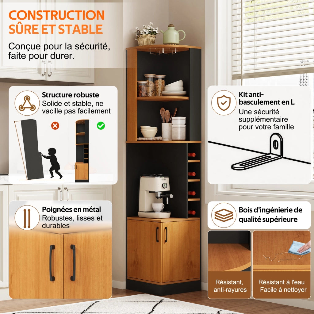 Credenza angolare portabottiglie con portabicchieri e 4 vani per cucina e soggiorno; in MDF; nero; 40 × 40 × 182 cm