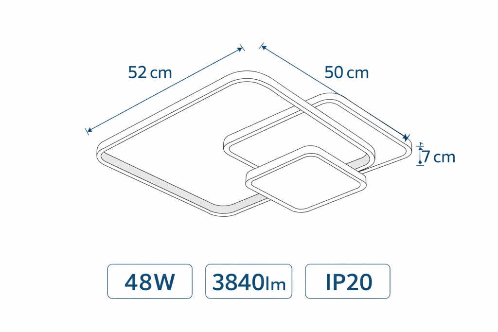 Plafoniera LED 48W Moderna Quadrata Bianco, 3840 Lumen, CCT Switch 3000K 4000K 6500K, Soffitto Interno IP20, Luce Diffusa 270°
