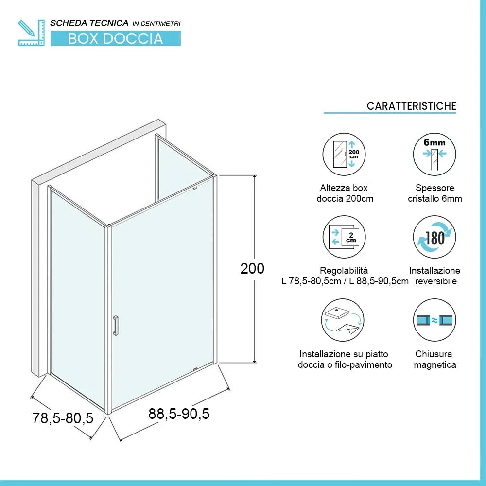 Box doccia 80x90x80 cm con porta a battente serigrafata H 200 cm Ted